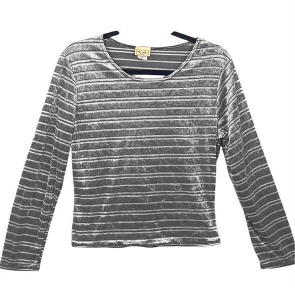 Vintage Velvet Burnout Striped Shirt Gray Crew Neck Long Sleeve Size M Retro - Picture 2 of 8